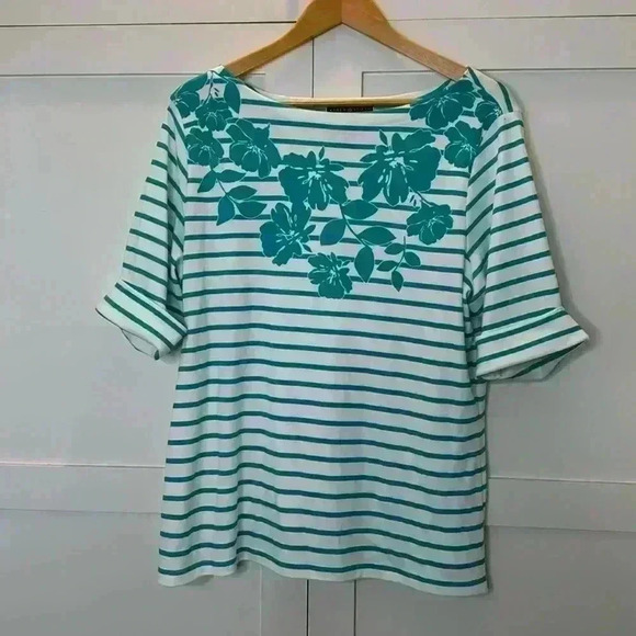 Karen Scott Boat Neck Short Sleeve Turquoise & White Hawaiian hibiscus Shirt XL - Picture 1 of 8
